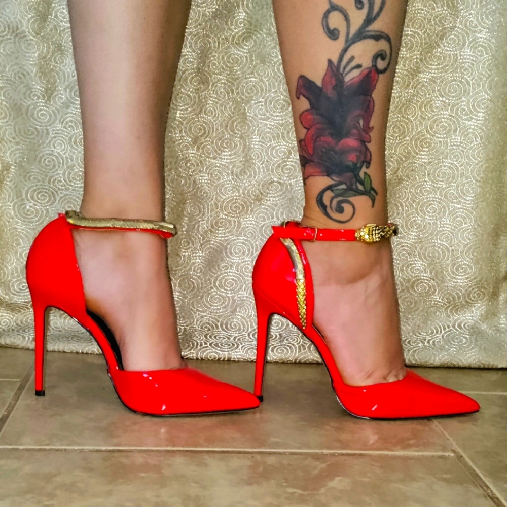 Red Stiletto Heels With Gold Snake Ankle Detail